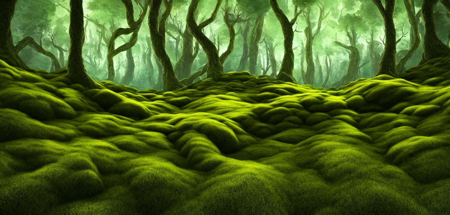 Image similar to random forest landscape, moss, incredible, vector art, octane render, fabulous, hyper detailed, random cinematic view, no noise, global illumination, warm lighting, volumetric, godrays, vivid, beautiful, style brian miller