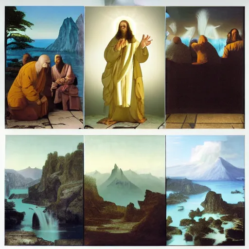 Image similar to Jesus Blessing the disciples, epic, heavenly, by Ted Nasmith, by ansel adams, by Bob Ross, by johannes Vermeer