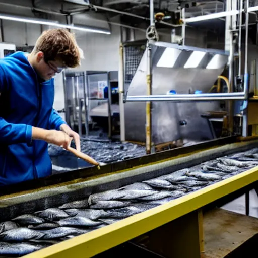 Prompt: Magnus Carlsen gutting fish at a fish factory floor, conveyor belt