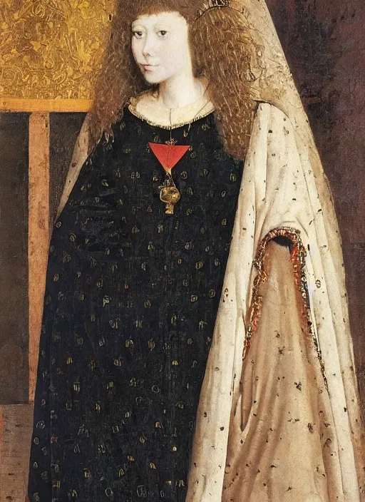 Image similar to portrait of young woman in medieval dress, art by jan van eyck,