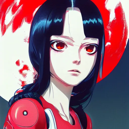 Image similar to A cyborg girl with big and cute eyes, fine-face, realistic shaded perfect face, fine details. red, black and white robotic parts. Very Anime.realistic shaded lighting poster by Ilya Kuvshinov katsuhiro otomo ghost-in-the-shell, magali villeneuve, artgerm, Jeremy Lipkin and Michael Garmash, Rob Rey and Kentarõ Miura style, trending on art station