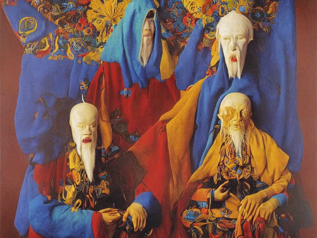 Prompt: Portrait of albino mystic with blue eyes, with beautiful exotic Tibetan shamanic death mask. Painting by Jan van Eyck, Audubon, Rene Magritte, Agnes Pelton, Max Ernst, Walton Ford