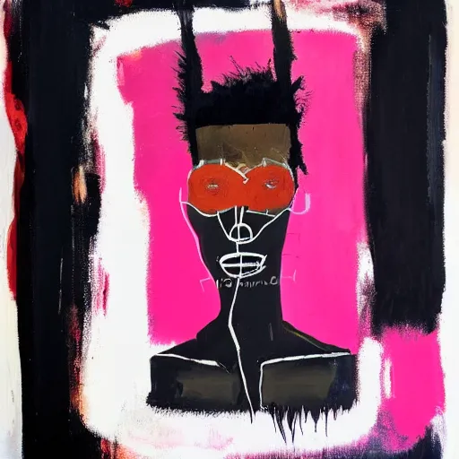 Image similar to A mirror selfie of a black handsome muscular man with white angel wings and black devil horns holding an iPhone, pitchfork, pink background, abstract jean-Michel Basquiat oil painting with thick paint strokes, oil on canvas, detailed