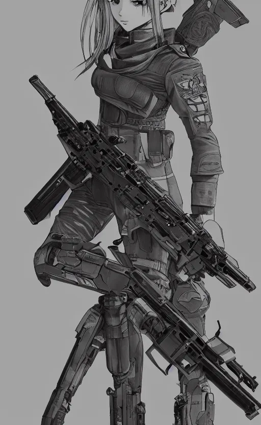 Image similar to highly detailed, high resolution, character design art, stunning, volumetric lightning, realistic guns, girls frontline style, matte, sharp focus, intricate, 150mm, illustration, artstation, by yoshihiro togashi, realistic human anatomy, simple design, realistic military gear, metal gear style