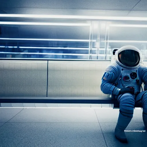 Image similar to a beautiful photo of an astronaut waiting in a subway station, 1970', soft light, morning light, photorealistic, realistic, octane, 8k, cinematic shot