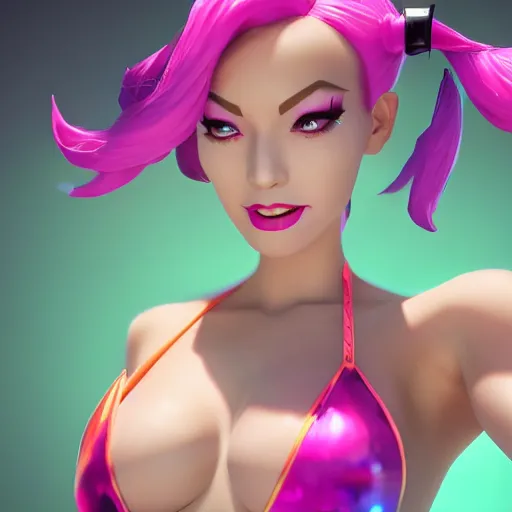 Image similar to still of pretty Jinx (League of Legends) in KDA More music video. 3d render, octane render, game art, realistic, highly detailed, trending on artstation, 4k, trending on artstation, pixar, cgsociety, unreal engine 5, redshift render, trending on artstation, blender, behance, cg