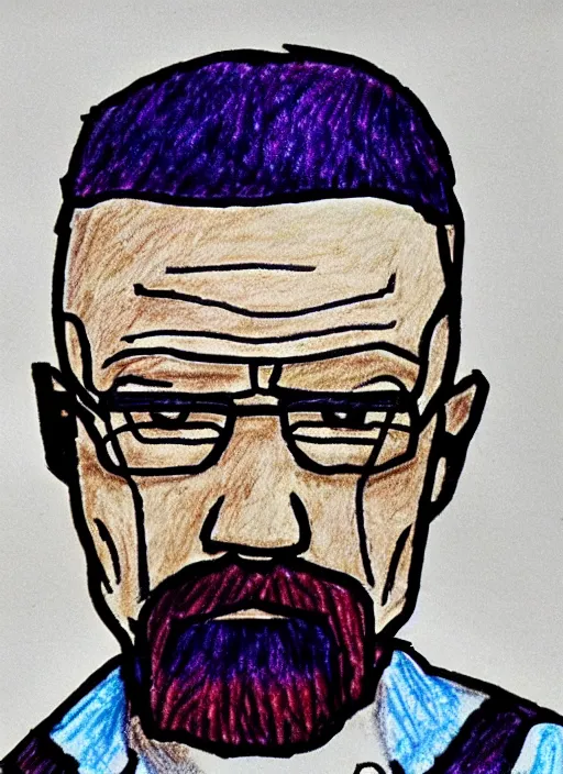 Prompt: bad kid crayon drawing of walter white,