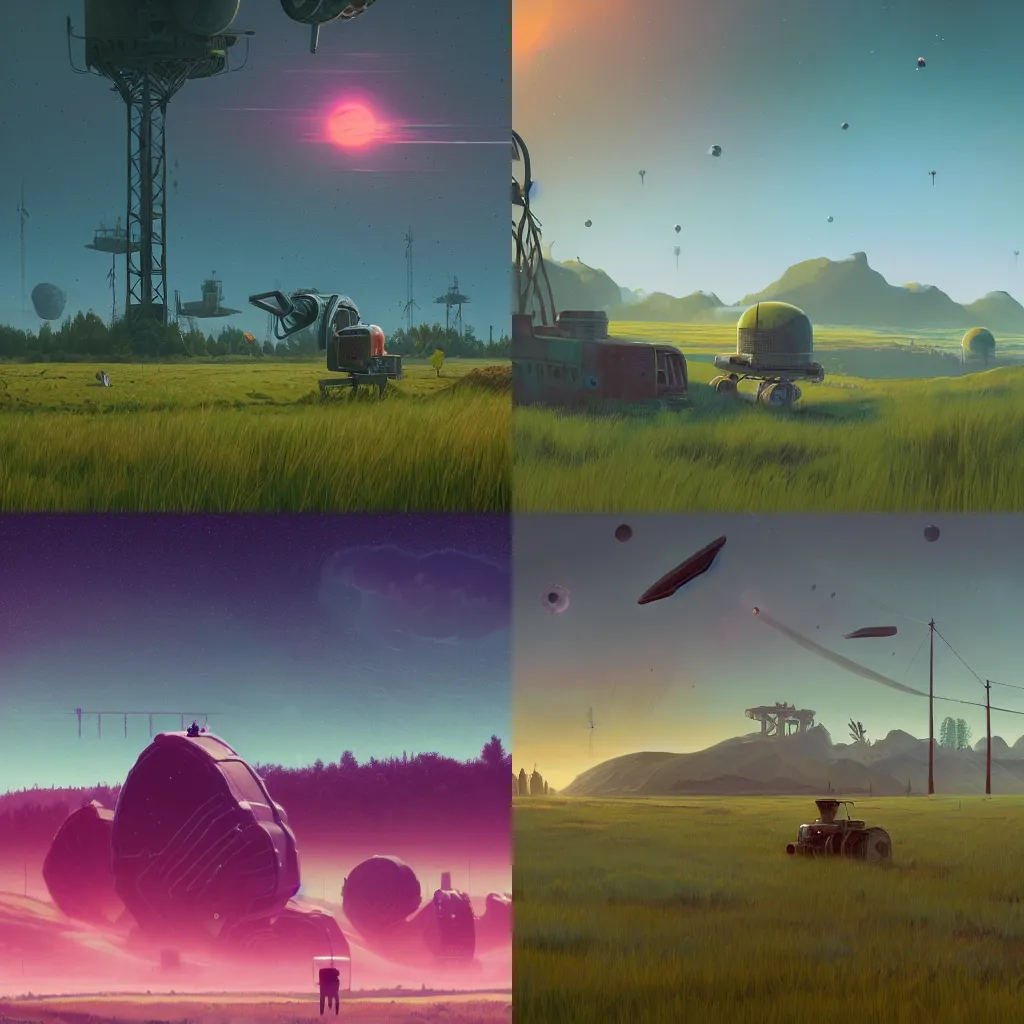 Prompt: a highly detailed matte painting of a No Man's Sky Screenshot, a tall grass field, broken machinery, Simon Stalenhag , featured on Artstation