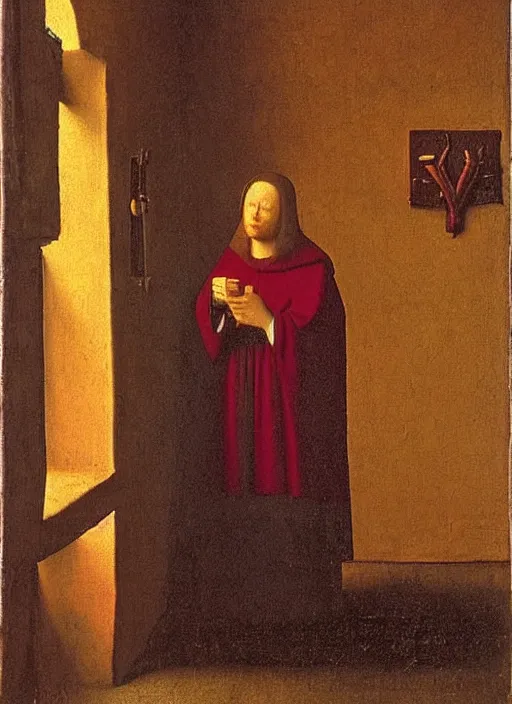 Image similar to red candle, medieval painting by jan van eyck, johannes vermeer, florence