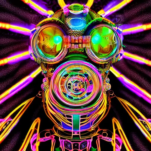 Prompt: hyperdetailed portrait of a psychedelic steampunk robot head, covered in colorful glowing holy geometry lotus flowers and tubes, eyes shoot multicolored laserbeams, 8 k, symetrical, halluzinogenic, meditative, black background