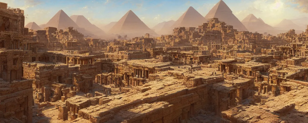 Prompt: A beautiful highly detailed epic painting of the lost city of thebes, egypt townscape, warm saturatured colors, clear blue sky by greg rutkowski and thomas kinkade, panorama, Trending on artstation HD.