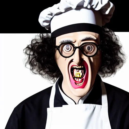 Prompt: a crazed weird al wearing a chef's hat and uniform with half of his lower body inside a bowl of alfredo, realistic, hyperrealistic, ultra realistic, real, real world, highly detailed, very detailed, extremely detailed, intricate details, 8 k resolution, hd quality