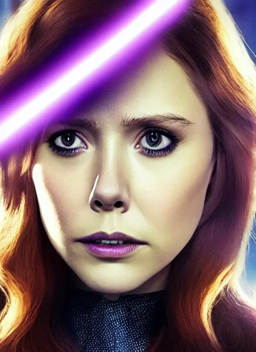 Image similar to elizabeth olsen portraying a beautiful mara jade from star wars legends, in a black suit holding a purple lightsaber, movie, hyper realistic, hollywood promotional image, imax, 8 k