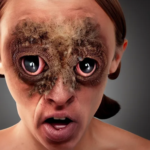 Image similar to alien brood starting to erupt from a beautiful scared young woman's face