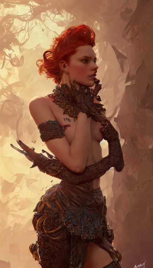 Prompt: cheaky ginger, confident, passionate , seductive, strong, sweaty, intricate fashion clothing, insane, intricate, highly detailed, digital painting, artstation, concept art, smooth, sharp focus, illustration, Unreal Engine 5, 8K, art by artgerm and greg rutkowski and alphonse mucha