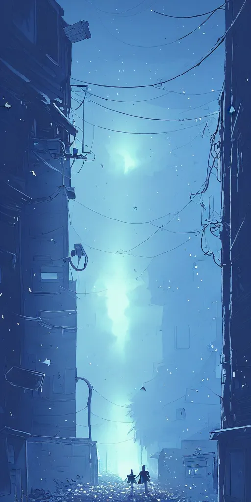 Image similar to abandoned apocalyptic old alley with a kid at the centre, trees and stars background, falling petals, epic blue sunlight, perfect lightning, illustration by niko delort,