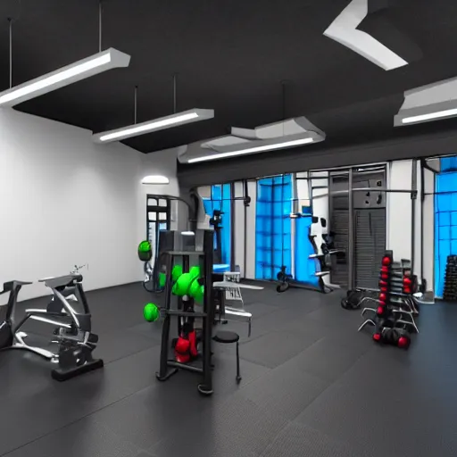 Prompt: a gym with weights made vr headset