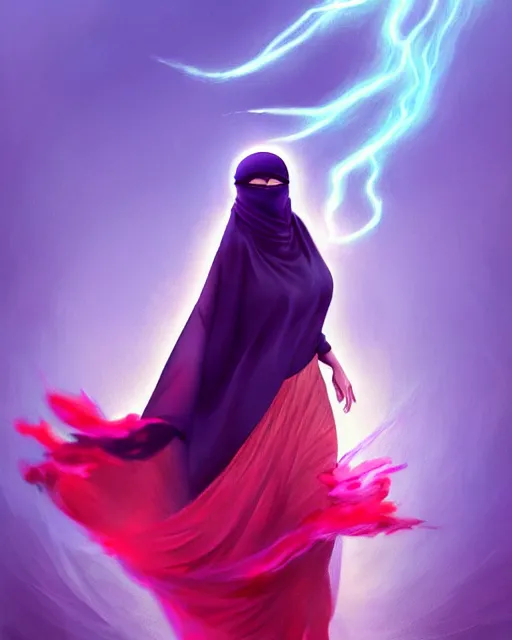 Prompt: beautiful arab woman in niqab, floating in mid - air, long flowing fabric, haunting, dancer, flowers, rain, lightning, storm, digital painting, illustration by james jean and tinothy kong and artgerm, volumetric lighting, realism, artstation