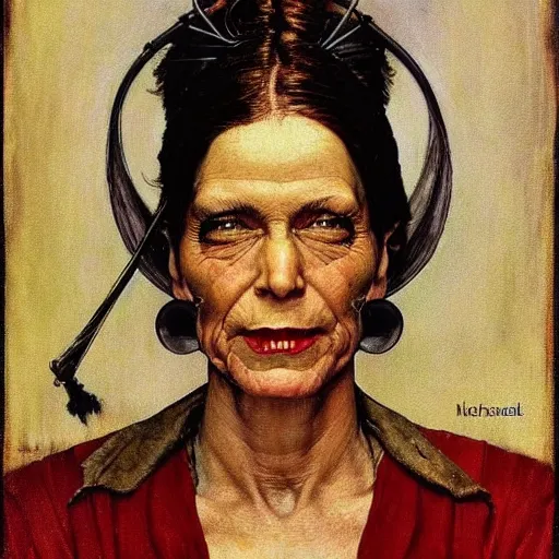 Image similar to Face portrait of a science fiction witch. Painting by Norman Rockwell.