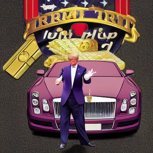 Image similar to portrait of donald trump sitting on a roll's royce, gta 5 artwork, gold chain necklace, very detailed face, purple suit