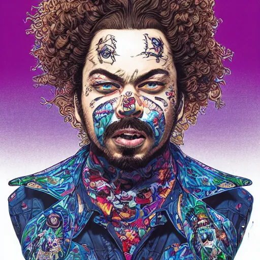 Prompt: portrait of crazy post malone singer, excited, symmetrical, by yoichi hatakenaka, masamune shirow, josan gonzales and dan mumford, ayami kojima, takato yamamoto, barclay shaw, karol bak, yukito kishiro