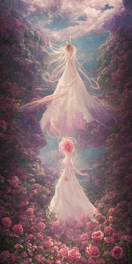 Image similar to the beautiful hyper detailed rose wedding dress in the fairyland surrounded by white clouds, in the style of makoto shinkai victo ngai and peter mohrbacher studio ghibli artgerm karol bak beeple, animation style, 8 k hd, dream, ultra wide angle, animation style, 3 drender, hyperdetailed