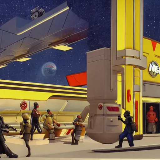 Prompt: intricately detailed ralph mcquarrie concept art of a futuristic mcdonalds with the golden arches displayed. a space station is seen off in the distance with various droids and people walking in the foreground. a trooper is seen holding a brown mcdonalds bag.