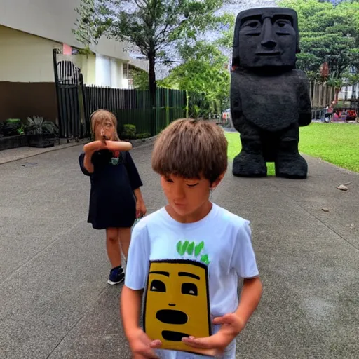 Image similar to a kid looking very dissapointed that his birthday present was a very large moai statue | iphone photograph