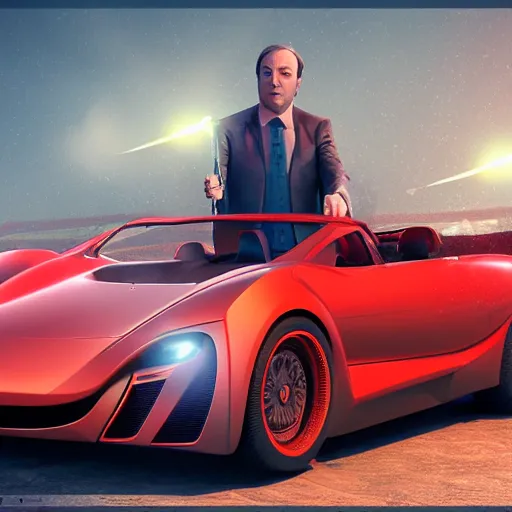 Image similar to Saul Goodman driving a convertible futuristic car with weapons, highly detailed, 4k octane render