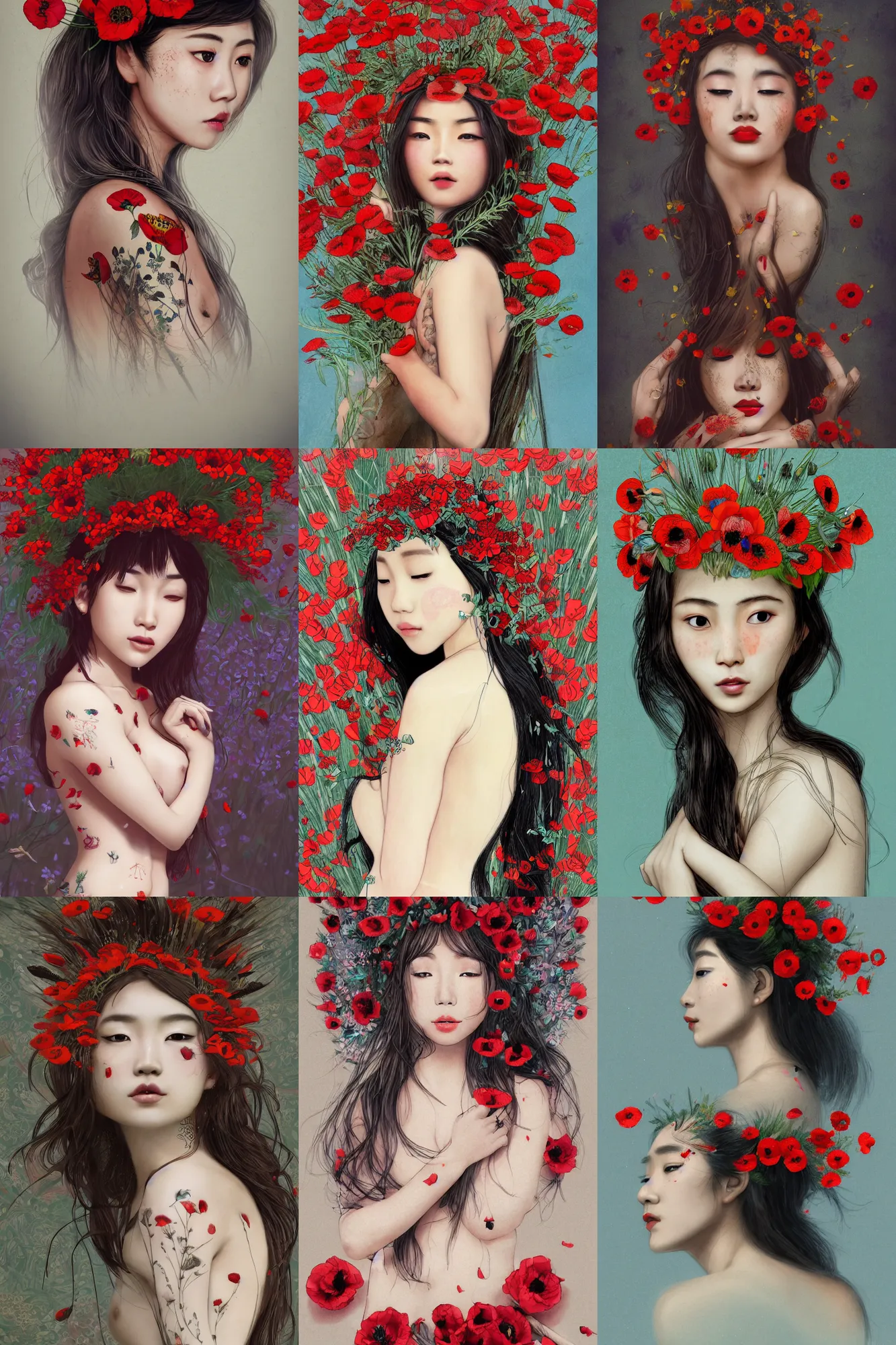 Prompt: Illustration of a beautiful asian girl with freckles, wearing a flower headpiece made of red poppies, long flowy hair, koi tattoo on her body, surrounded by big flowers, porcelain skin, cinematic lighting, photo realistic, cinematic lighting, bokeh, warm lights, highly detailed, maya, digital painting, artstation, concept art, sharp focus, illustration, by Mucha, Raphael, Caravaggio, Beksinski, Giger