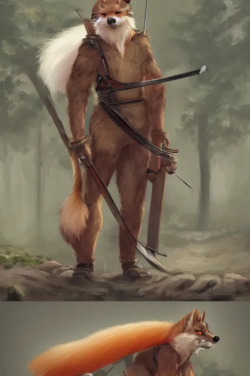 Prompt: a medieval anthropomorphic werefox archer with a fluffy tail in the forest as a dnd character, trending on artstation, cgsociety