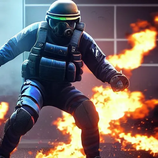 Image similar to Montagne from Rainbow Six Siege riding a hoverboard leaving behind a trail of flames and explosions