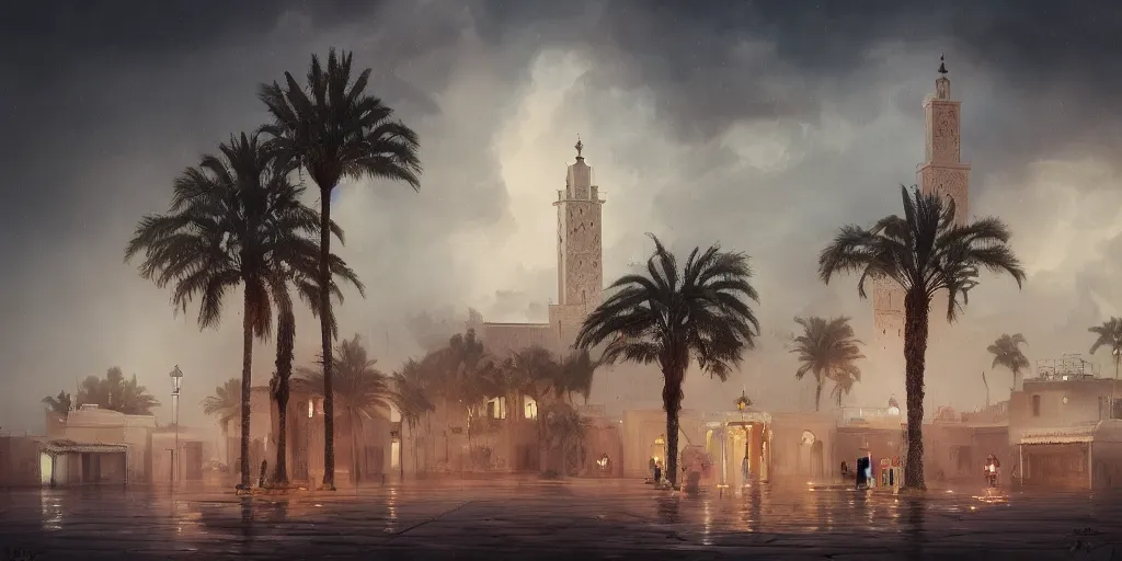 Image similar to thunderstorm in marrakech, palm trees, moroccan mosque, wlop, james jean, tom bagshaw, rococo, trending on artstation, fantasy, intricate, elegant, highly detailed, digital painting, concept art, smooth, illustration, cinematic lighting, hyper realism, octane render, 8 k, hyper detailed.