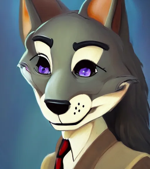 Image similar to oil painting of anthromorphic female wolf, in style of zootopia, zootopia, zootopia, fursona, furry, furaffinity, 4 k, deviantart, furry art, fursona art, wearing black business suit, business suit, in style of zootopia, wolf fursona, cyberpunk, female, expressive detailed feminine face,