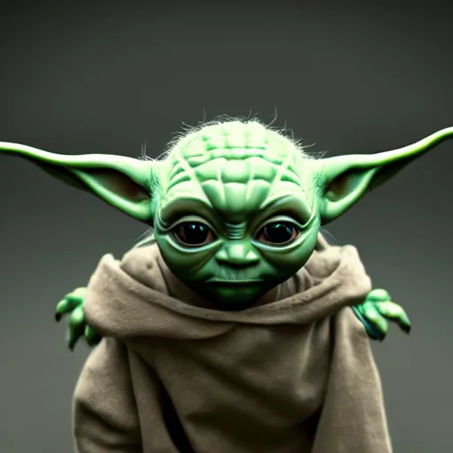 Image similar to full body pose, hyperrealistic photograph of a unique baby yoda, dim volumetric lighting, 8 k, octane beautifully detailed render, extremely hyper detailed, intricate, epic composition, cinematic lighting, masterpiece, trending on artstation, very very detailed, stunning, hdr, smooth, sharp focus, high resolution, award, winning photo, dslr, 5 0 mm