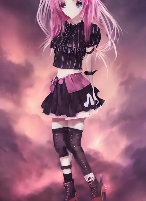 Prompt: kerli koiv as anime girl, kerli koiv as anime girl, gothic mini skirt and crop top, fine art, matte painting, digital art, concept art, artgerm,, rule of 3 rds,