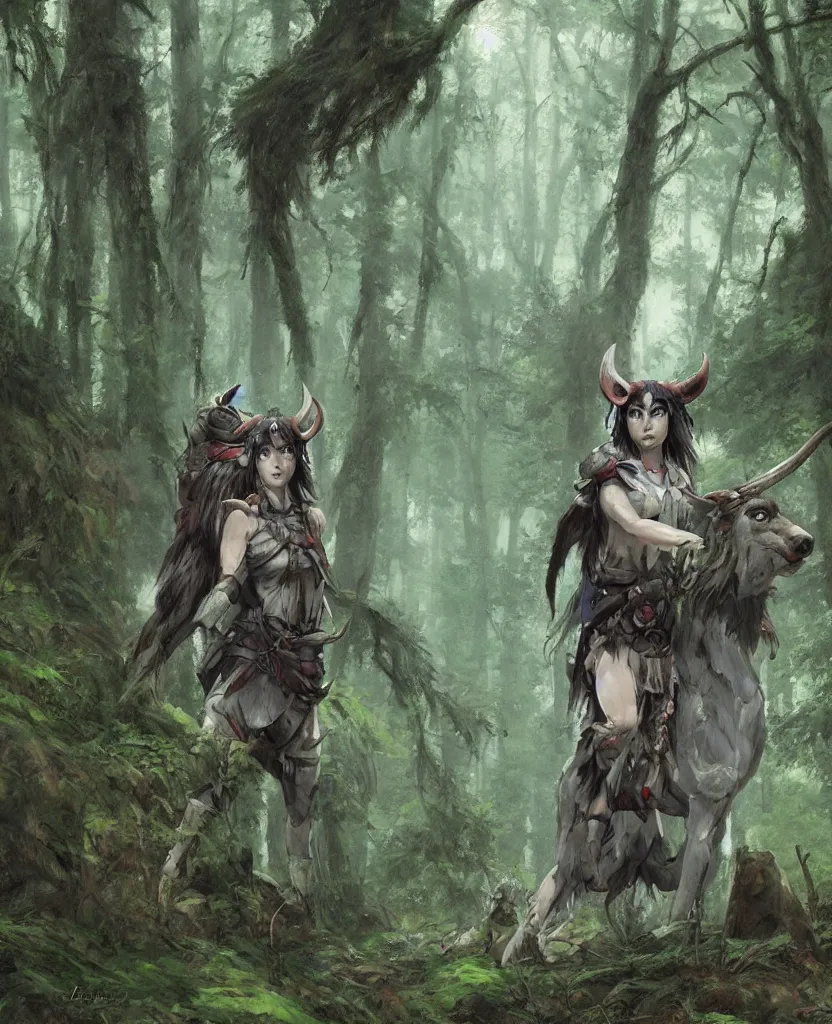 Prompt: portrait of fierce Princess Mononoke, fully clothed in armor, lush forest landscape, painted by james gurney, denoised, sharp, architectural