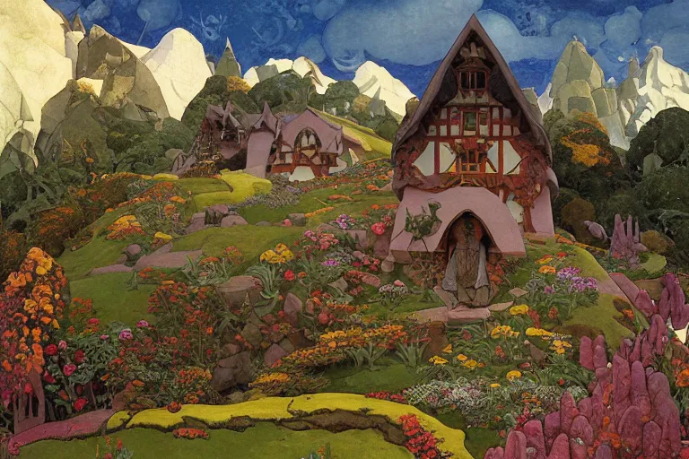 Image similar to the enchanted cottage and gardens of a wise woman on a mountaintop, dramatic cinematic lighting, folk-art carved painted wood house, rich colors, fairytale illustration, by Nicholas Roerich and William Dyce and ford madox brown and April Gornik and Caspar David Friedrich and Diego Rivera and Tyler Edlin and Ivan Bilibin