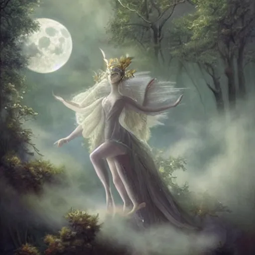 Prompt: elaborate and celestial elves looking marvelous and very etherealistic as they float about poutedly on their little clouds of mystical mist in the ethereal woods under the silvery light of the wicked moon