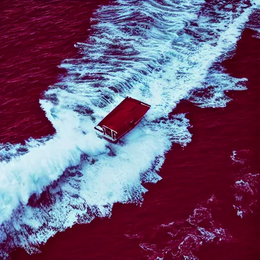 Image similar to a lonely boat floating in the turbulent red ocean, tsunami, fierce huge waves, dangerous depressing atmosphere, dark tone, illustration, aerial view, evil