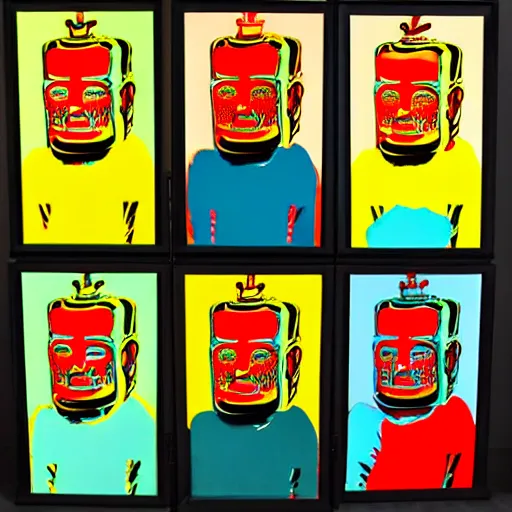 Image similar to frits lang robot, 6 panels by andy warhol, with highly contrasted colors and an illuminating background