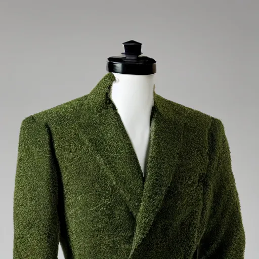 Image similar to a beautiful suit made out of moss, on a mannequin. studio lighting, high quality, high resolution