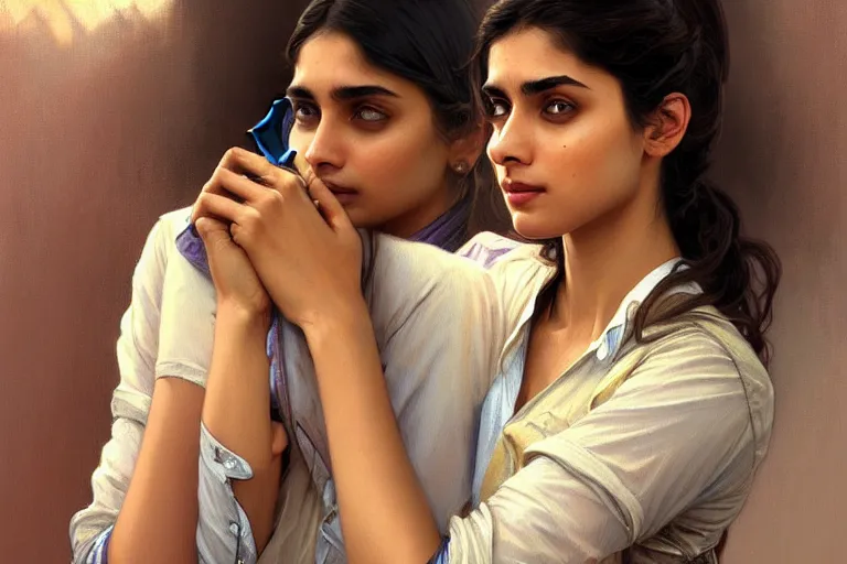 Image similar to Anxious pretty pale young Indian doctor wearing jeans at the airport, portrait, elegant, intricate, digital painting, artstation, concept art, smooth, sharp focus, illustration, art by artgerm and greg rutkowski and alphonse mucha