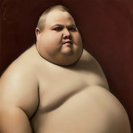 Prompt: highly detailed portrait of a grossly obese man who is shaped like a pear artstation, 8 k, sfx, john singer sargent.