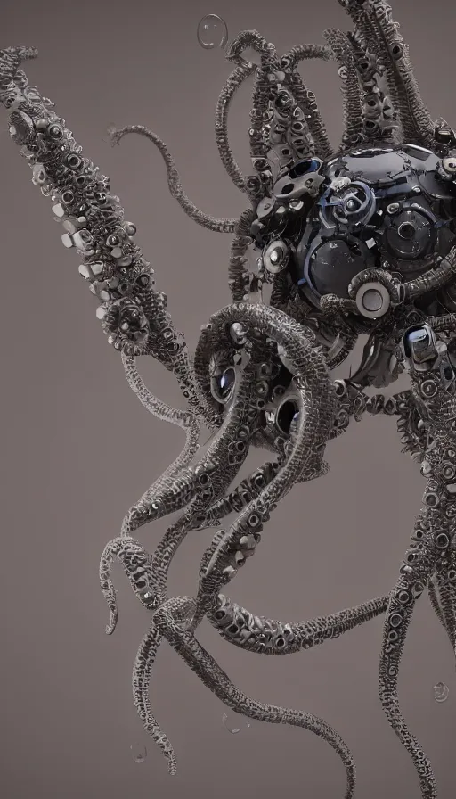 Image similar to a single bio mechanical tentacle, robotic but also organic, made up of lots of small parts, wet, shiny, horror, clinical, octane render, 8k, hyper realistic, super detailed