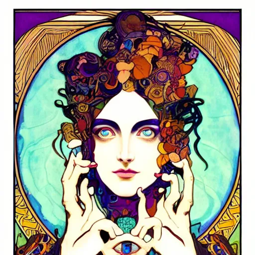 Image similar to The Goddess of Art, beautiful eyes, symmetrical face, paint, ink, palettes, spectrum, in the style of Joshua Middleton, Mucha, Kandinsky