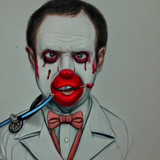 Prompt: a drawing of a clown with a stethoscope and wearing bloodied surgical scrubs, a character portrait by david firth, trending on deviantart, neoplasticism, freakshow, macabre