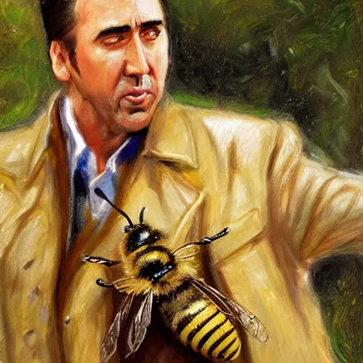 Image similar to Nicholas cage punching a giant bee, painted by james gurney