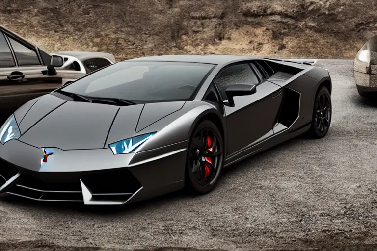 Image similar to A cinematic film still of a Lamborghini in the movie 2012.