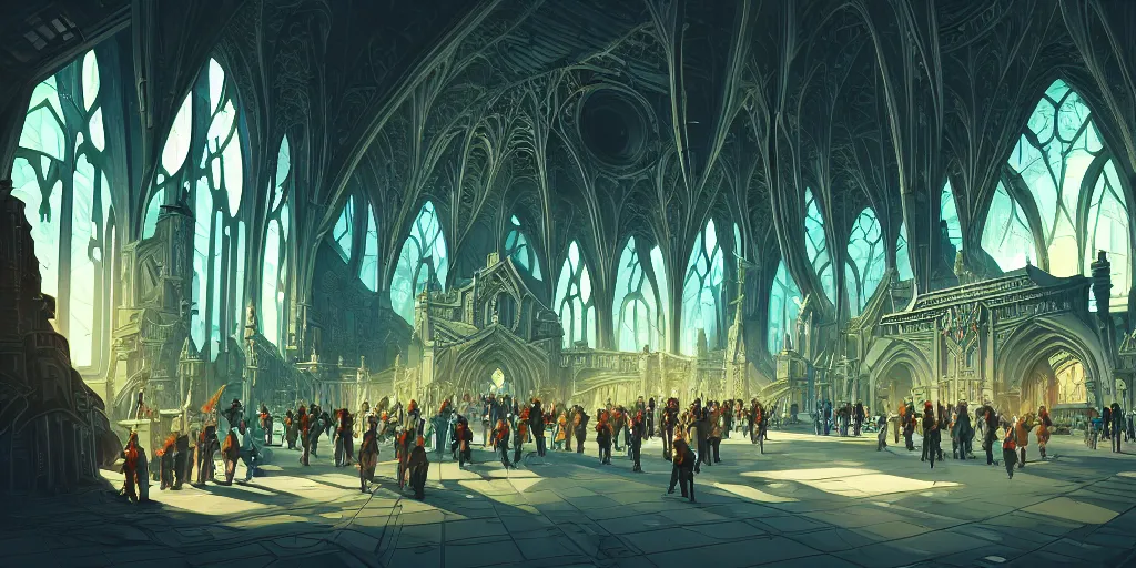 Image similar to cel shaded cinematic shot of the interior of a sci-fi space station with ornate Elven architecture bustling with people and flying cars, epic castle, gothic architecture, emerald, crystalline, detailed illustration, sharp focus, concept art